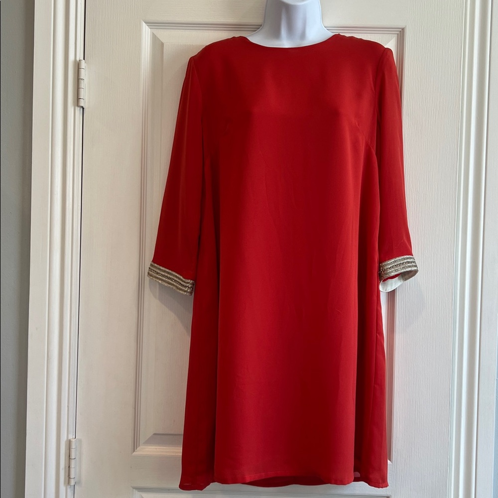 MNM Couture Vibrant Red Gown zip us, clasp, embellished sleeves. Never worn